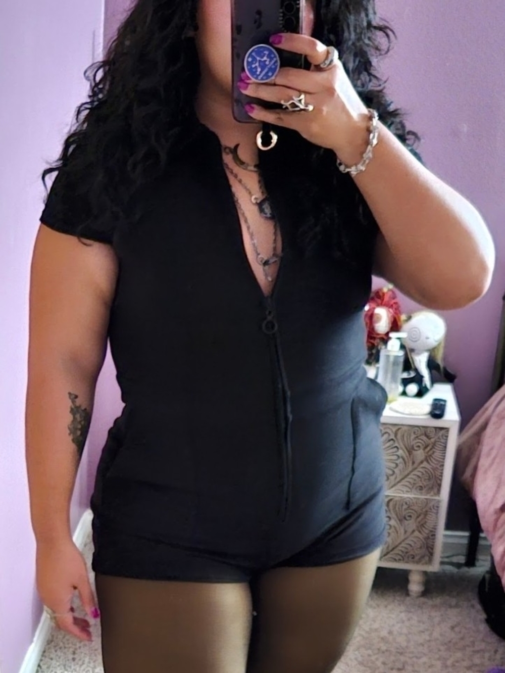 Black Short-Sleeve Zipper Romper - Women's